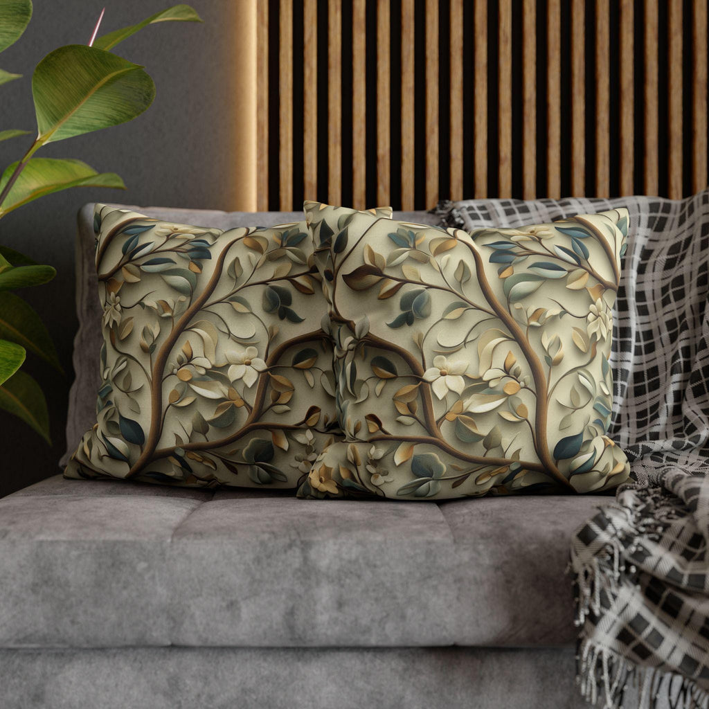 Elegant William Morris Inspired Botanical Pillow Cover - Floral Cushion in Green, Gold, and Beige