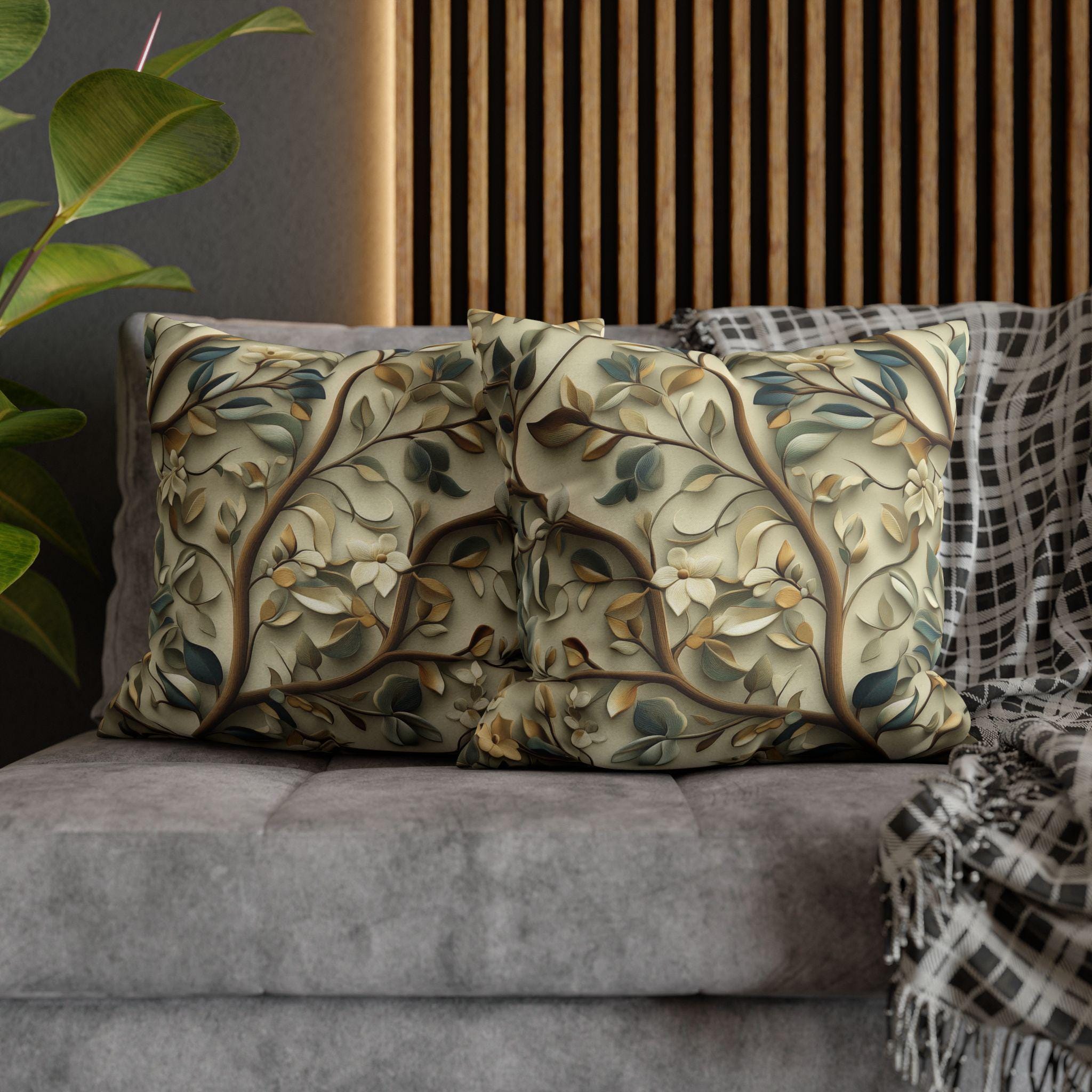 Elegant William Morris Inspired Botanical Pillow Cover - Floral Cushion in Green, Gold, and Beige