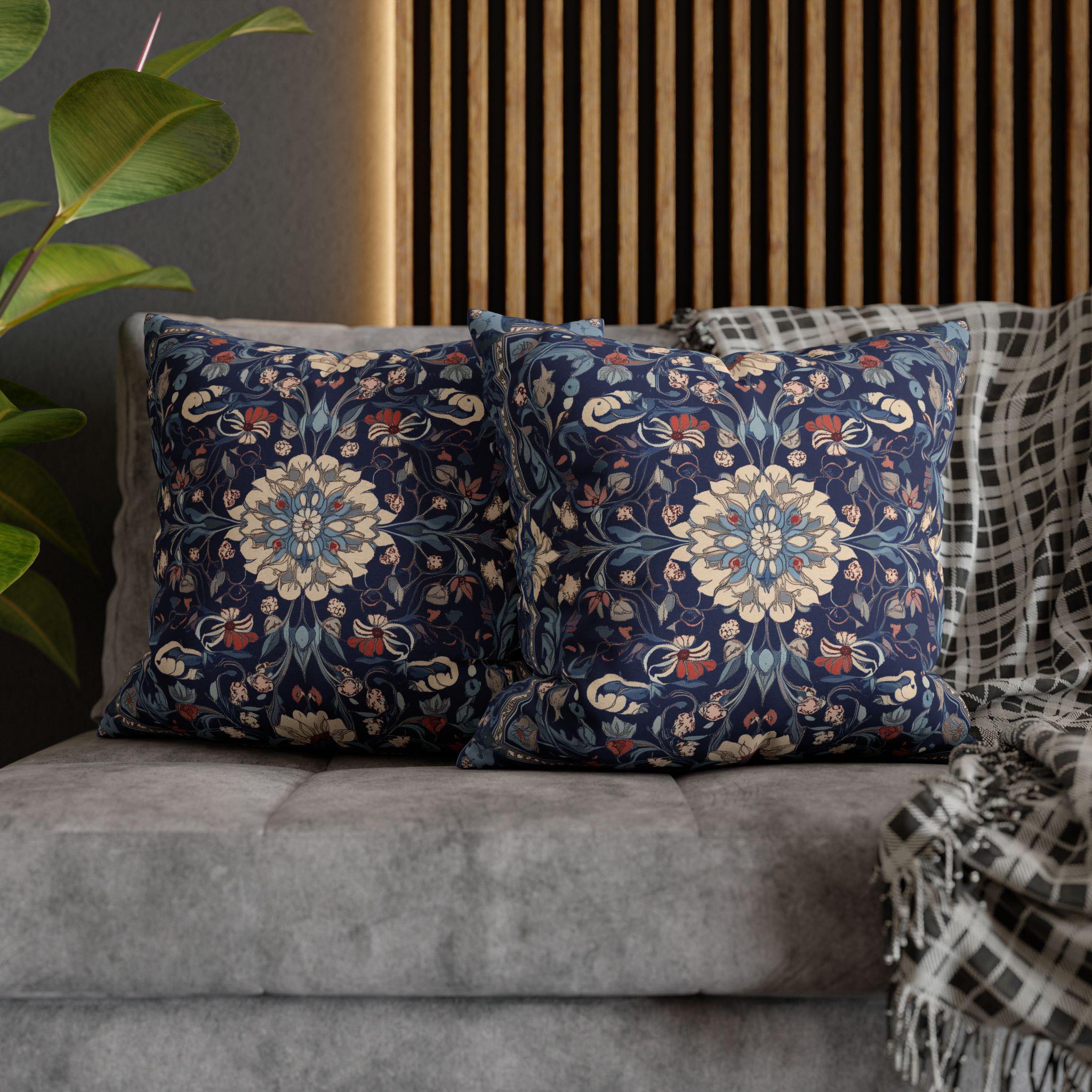 Elegant Navy Blue Floral Medallion Pillowcase: William Morris Inspired Persian Tribal Motifs Decorative Cover