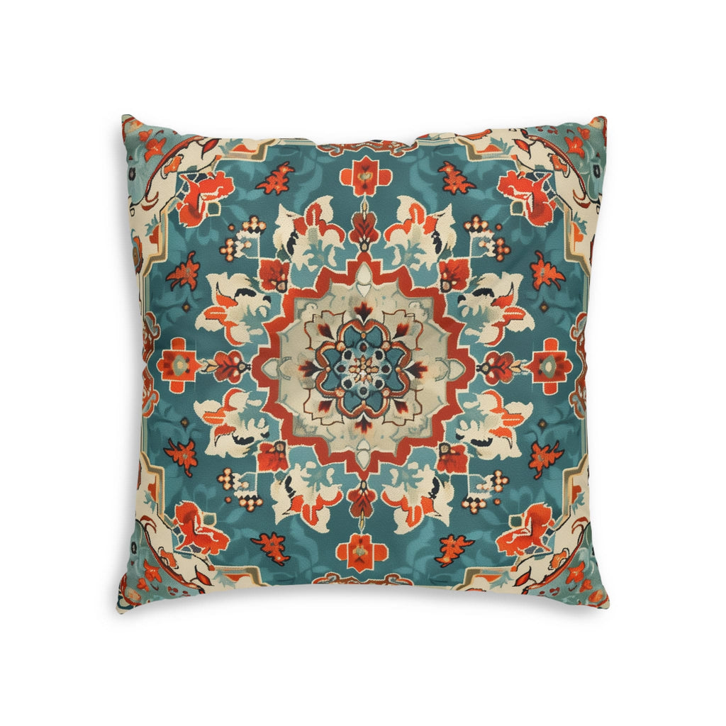 Turkish Kilim-Inspired Tufted Floor Cushion: Vibrant Teal & Coral Medallion Design for Bohemian Seating
