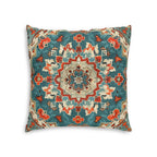 Turkish Kilim-Inspired Tufted Floor Cushion: Vibrant Teal & Coral Medallion Design for Bohemian Seating