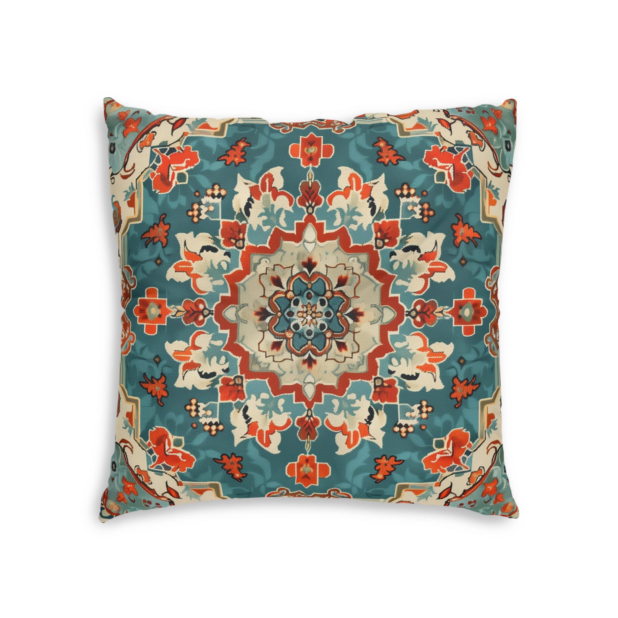 Turkish Kilim-Inspired Tufted Floor Cushion: Vibrant Teal & Coral Medallion Design for Bohemian Seating