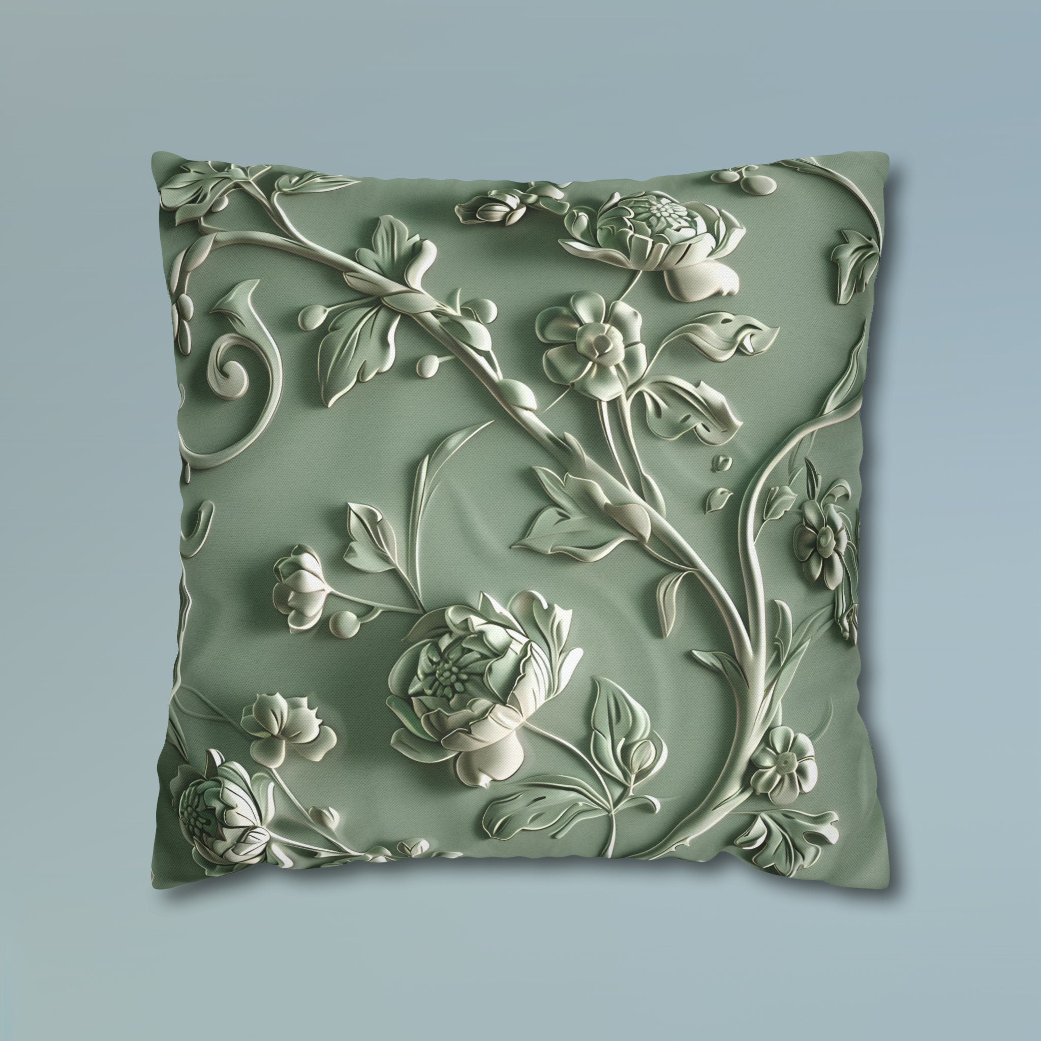 Elegant Chinoiserie Floral Pillow Cover: Sage & Teal Monochromatic Sculpted Botanical Cushion Case