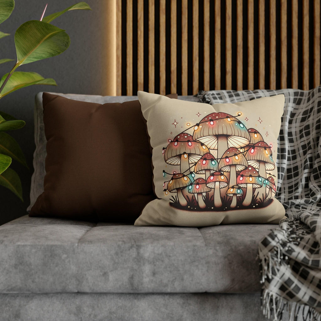 Whimsical Mushrooms Adorned with Colorful Christmas Lights: A Unique Throw Pillow Cover for the Holidays