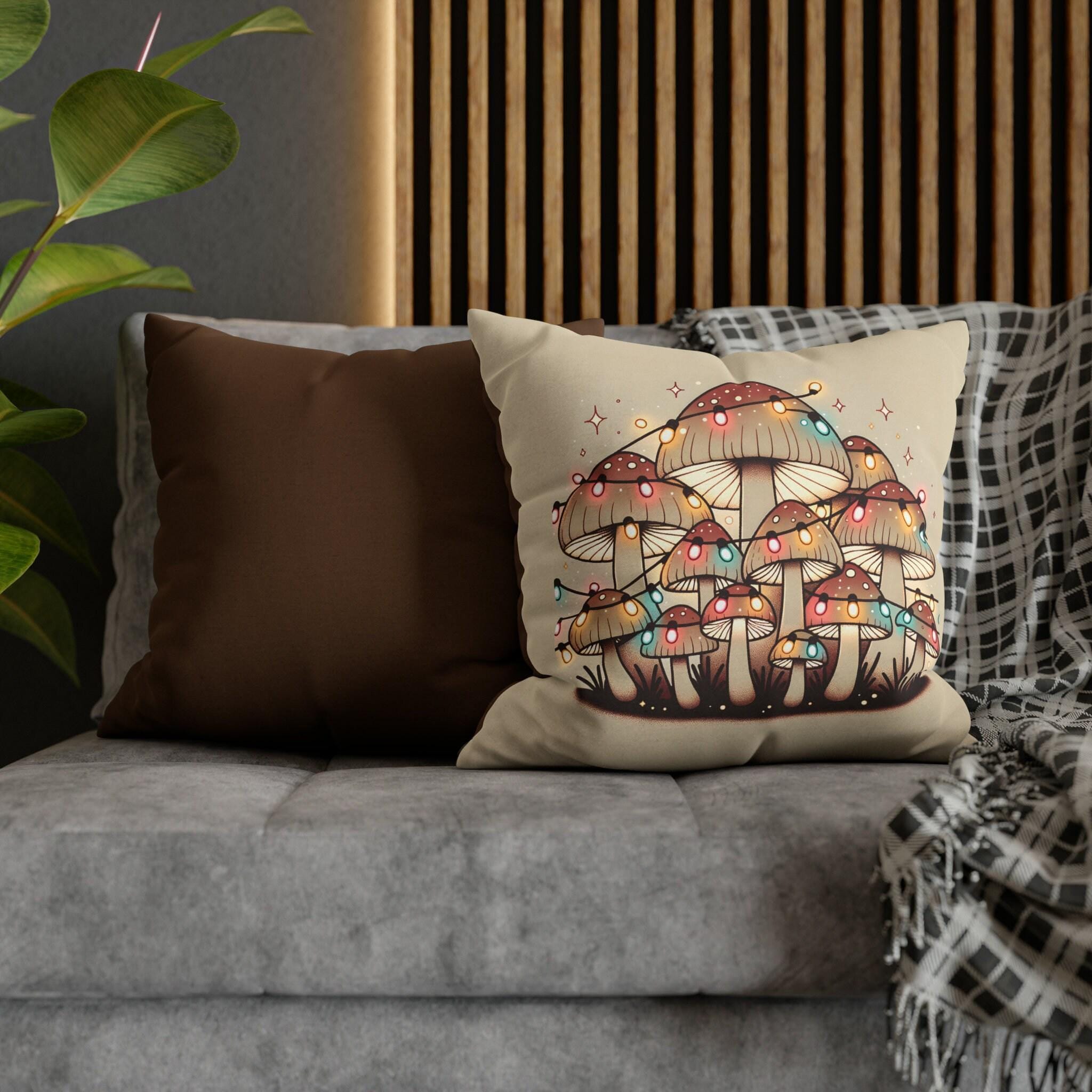 Whimsical Mushrooms Adorned with Colorful Christmas Lights: A Unique Throw Pillow Cover for the Holidays