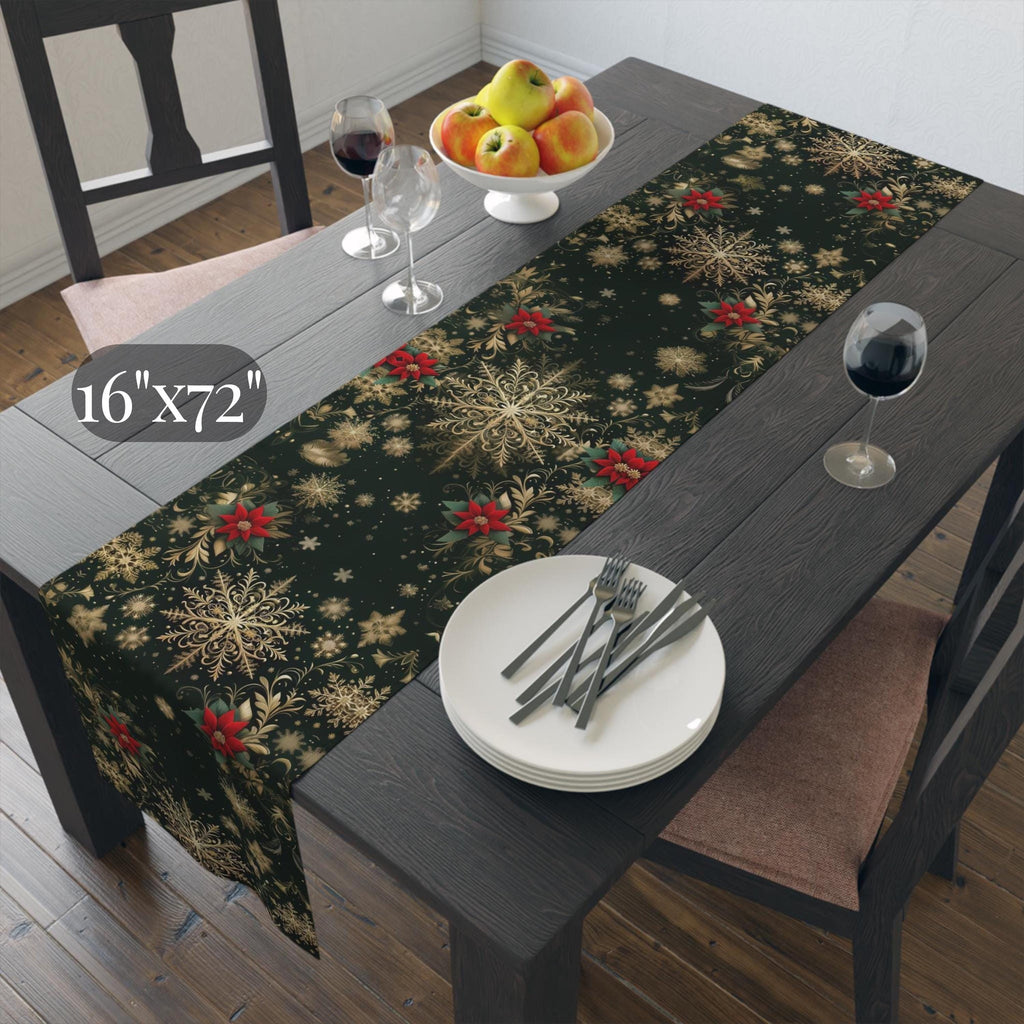 Emerald Christmas Table Runner - Gold Snowflakes and Festive Poinsettias