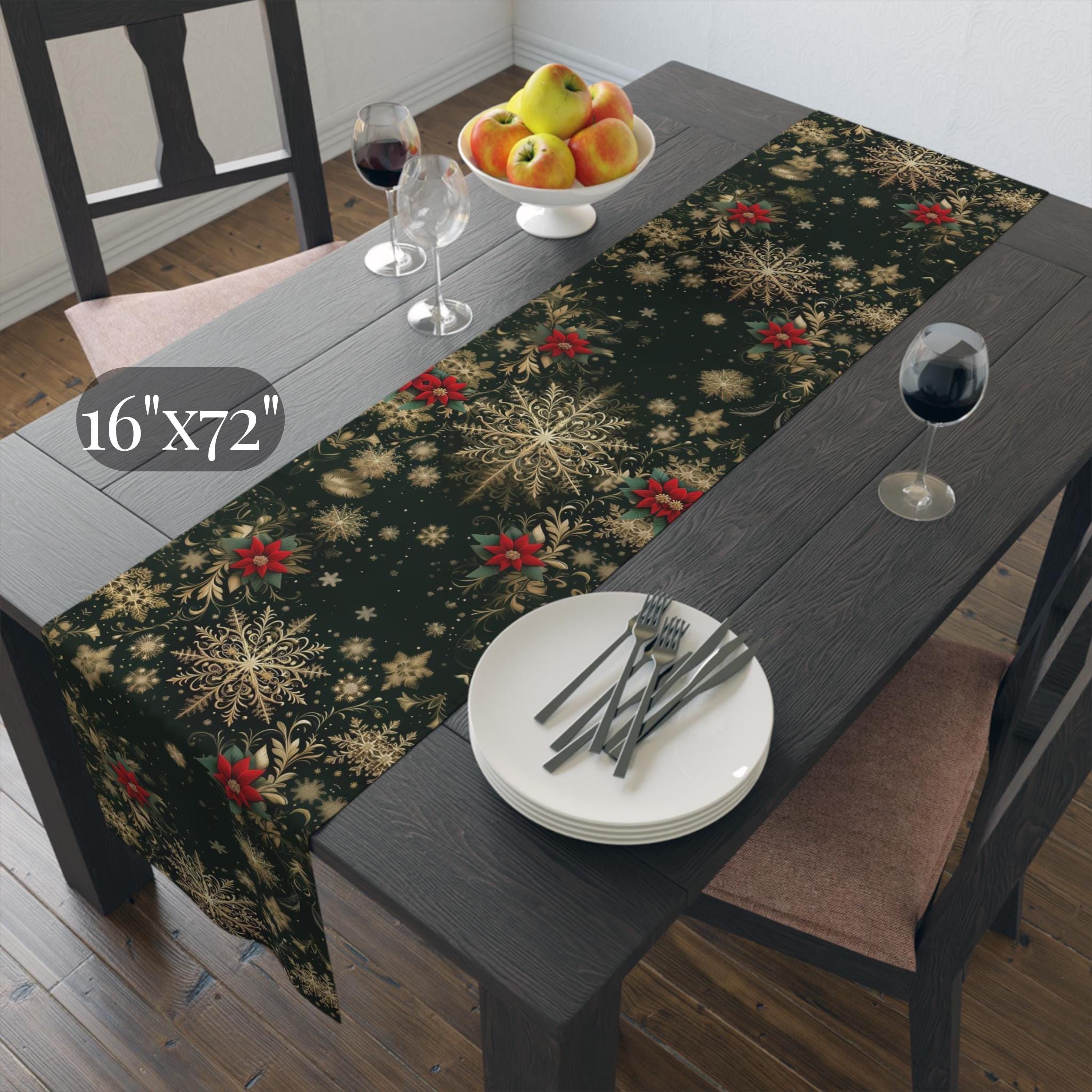Emerald Christmas Table Runner - Gold Snowflakes and Festive Poinsettias