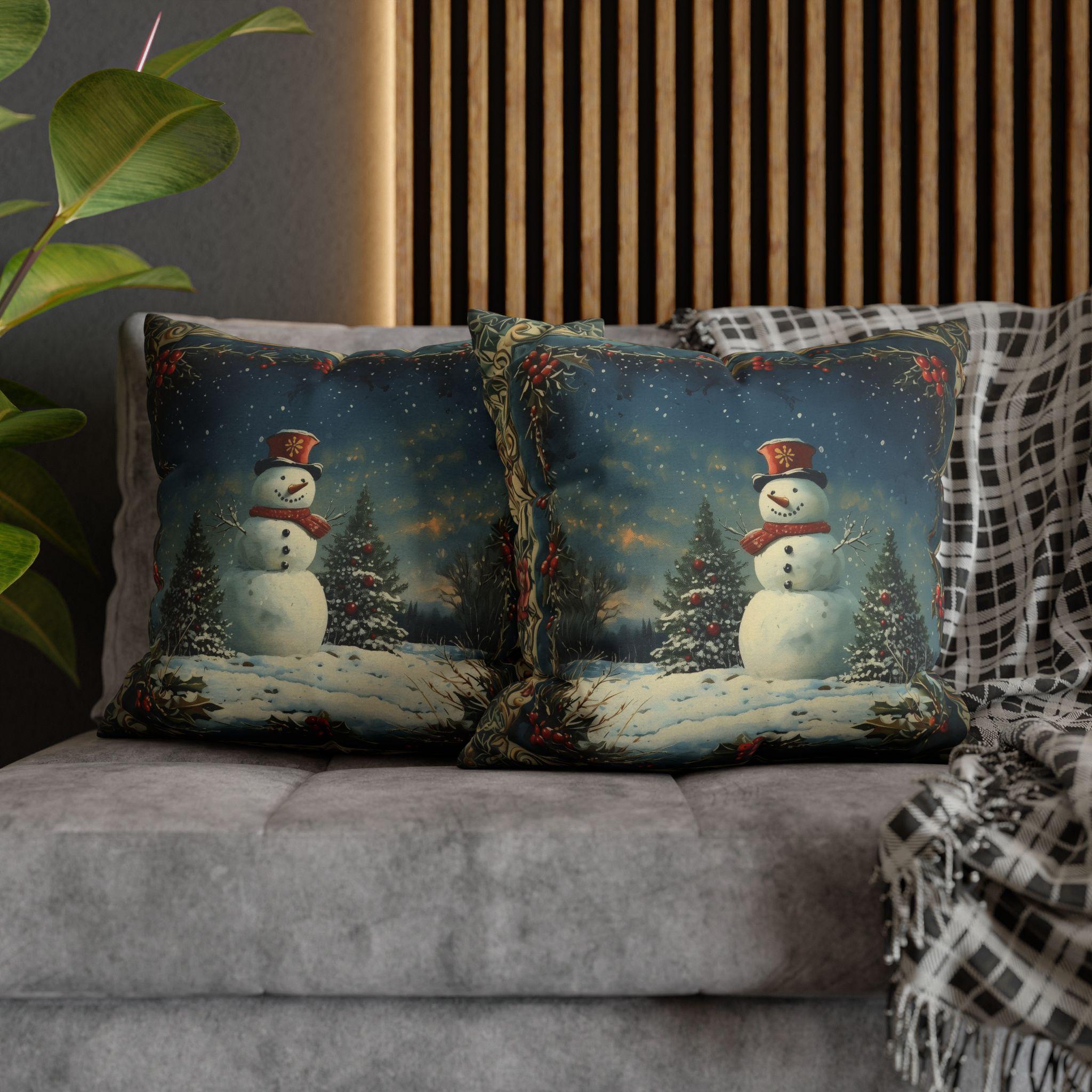 Oil Painting Style Christmas Pillow Cover: Snowman & Blue Forest Scene