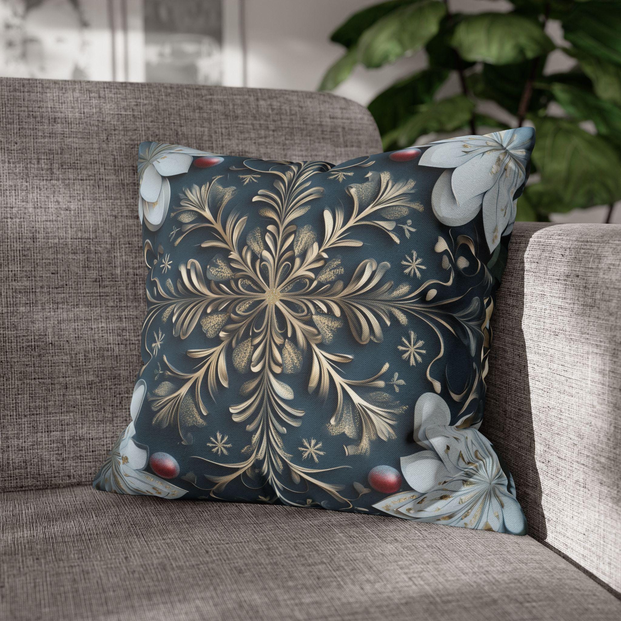 Gold White & Blue Snowflake Square Pillowcase, Elegant Festive Christmas Pillow Cover