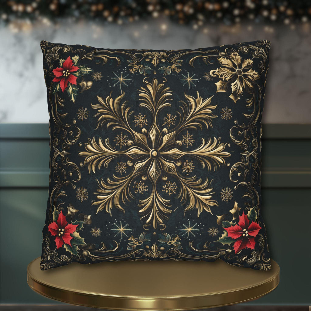 Victorian Christmas Throw Pillow Cover: Gold and Navy Snowflake & Poinsettia Holiday Accent Decor