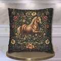 Elegant Equestrian Pillow Cover: William Morris Inspired Botanical Floral Design with Golden Horse Motif
