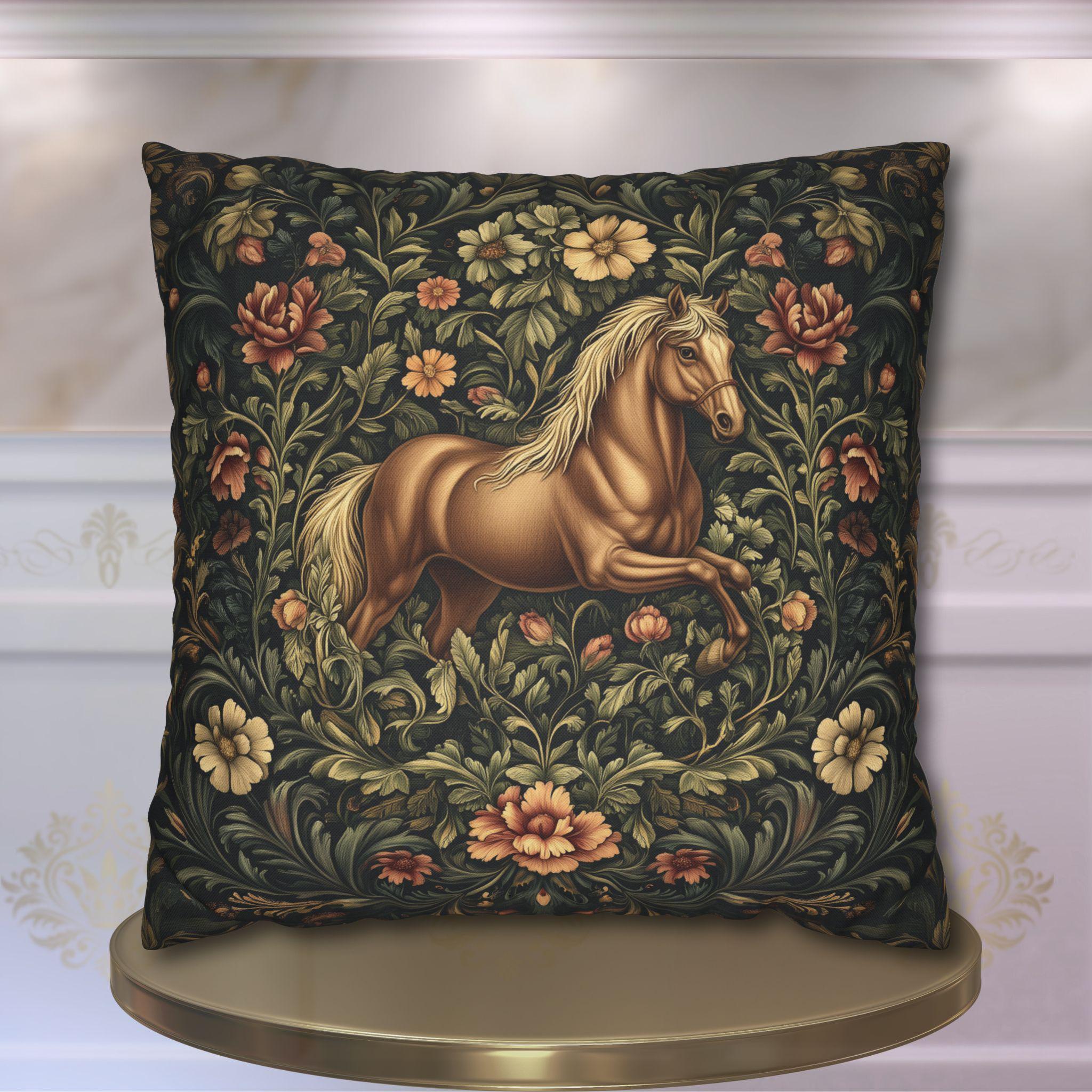 Elegant Equestrian Pillow Cover: William Morris Inspired Botanical Floral Design with Golden Horse Motif