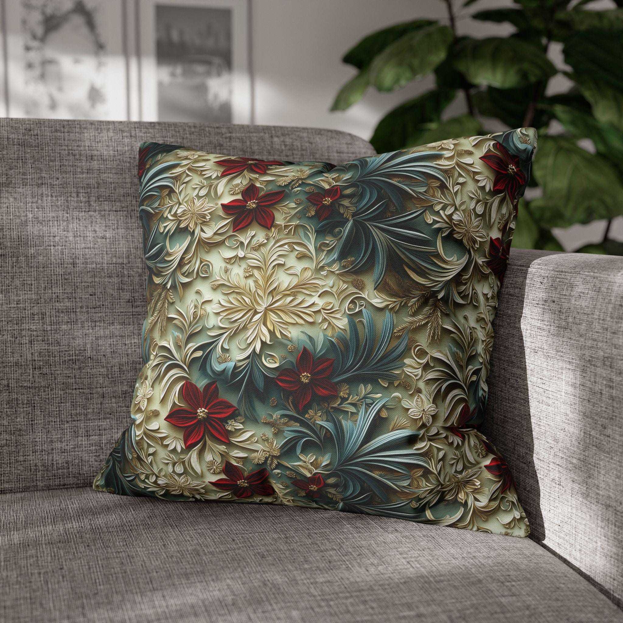 Luxurious Poinsettia Floral Pillow Cover: Elegant Red, Gold & Green Holiday Home Decor Accent