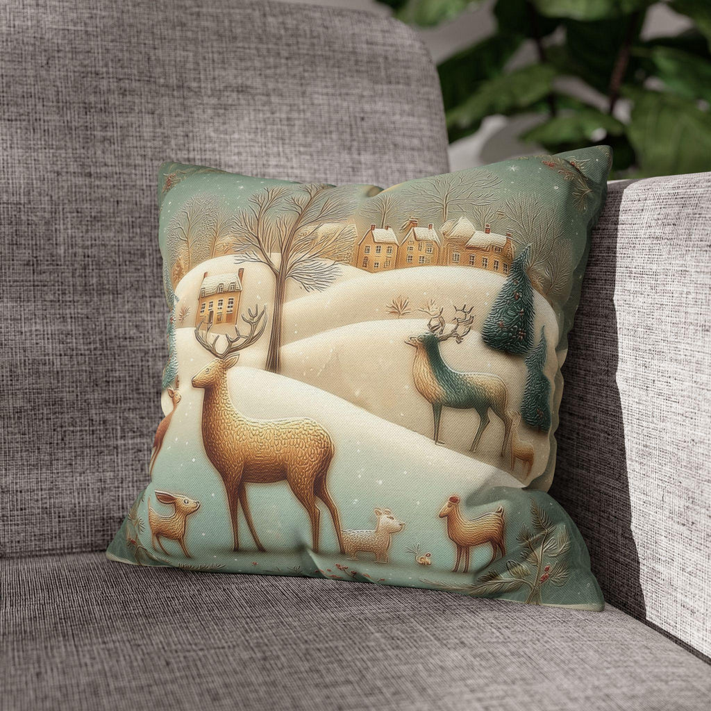 Whimsical Woodland Christmas Pillow Cover: Storybook Deer & Snowy Village