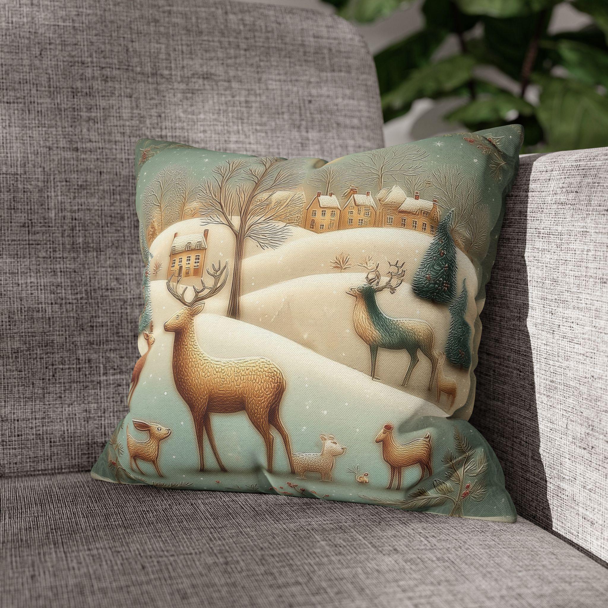 Whimsical Woodland Christmas Pillow Cover: Storybook Deer & Snowy Village