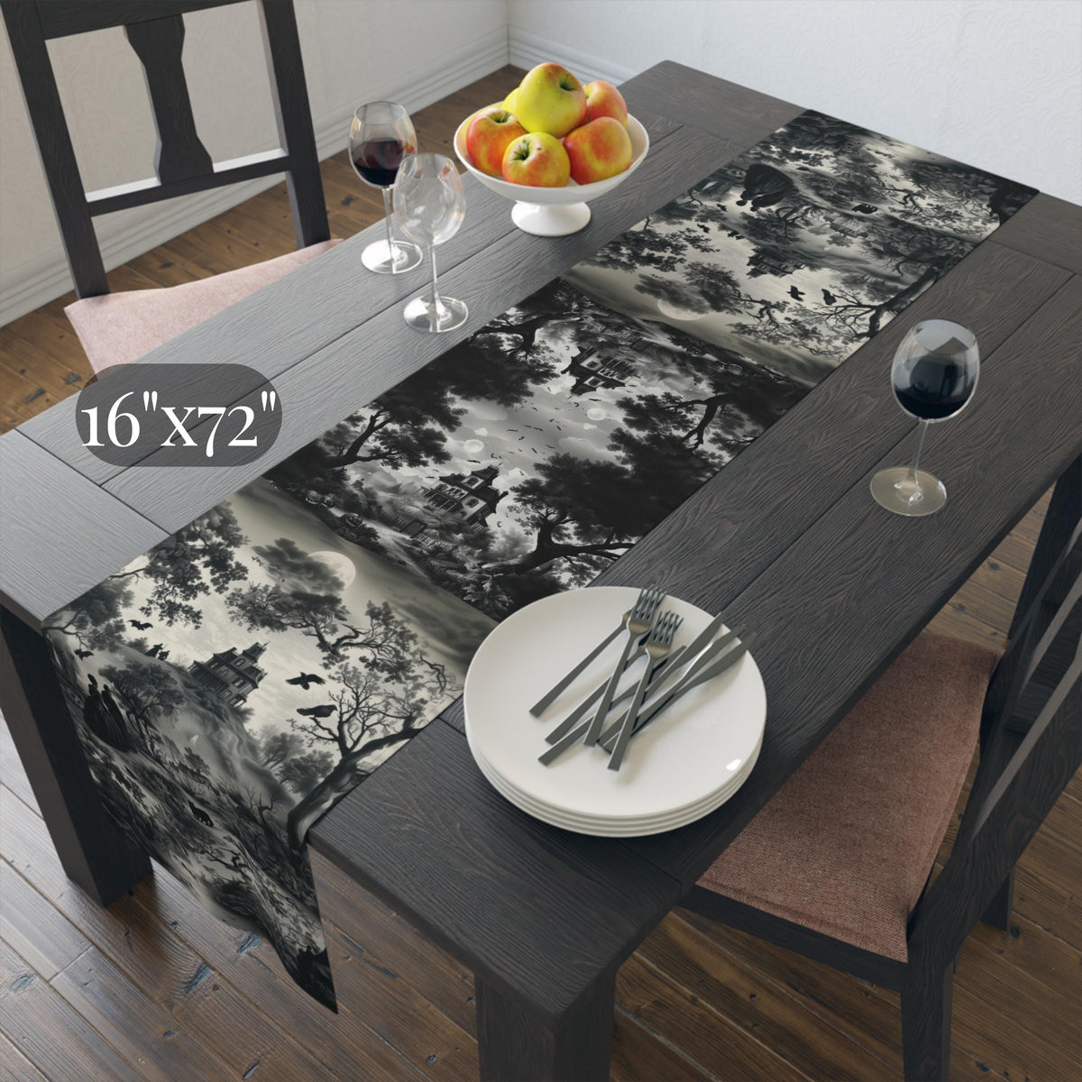 Halloween Toile Table Runner: Haunted House, Crows, and Black Cat in Monochrome