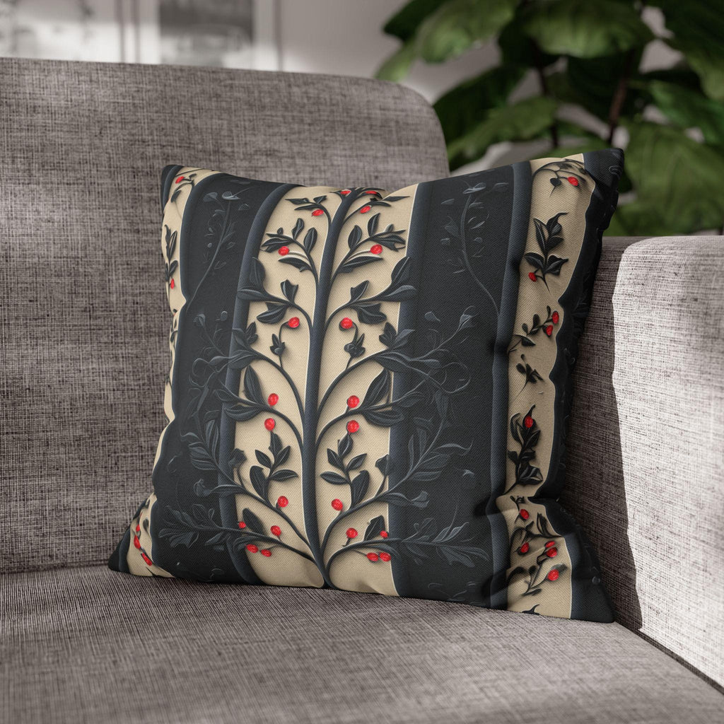William Morris Christmas Pillow Cover: Charcoal-Navy & Ivory Stripes with Red Berries