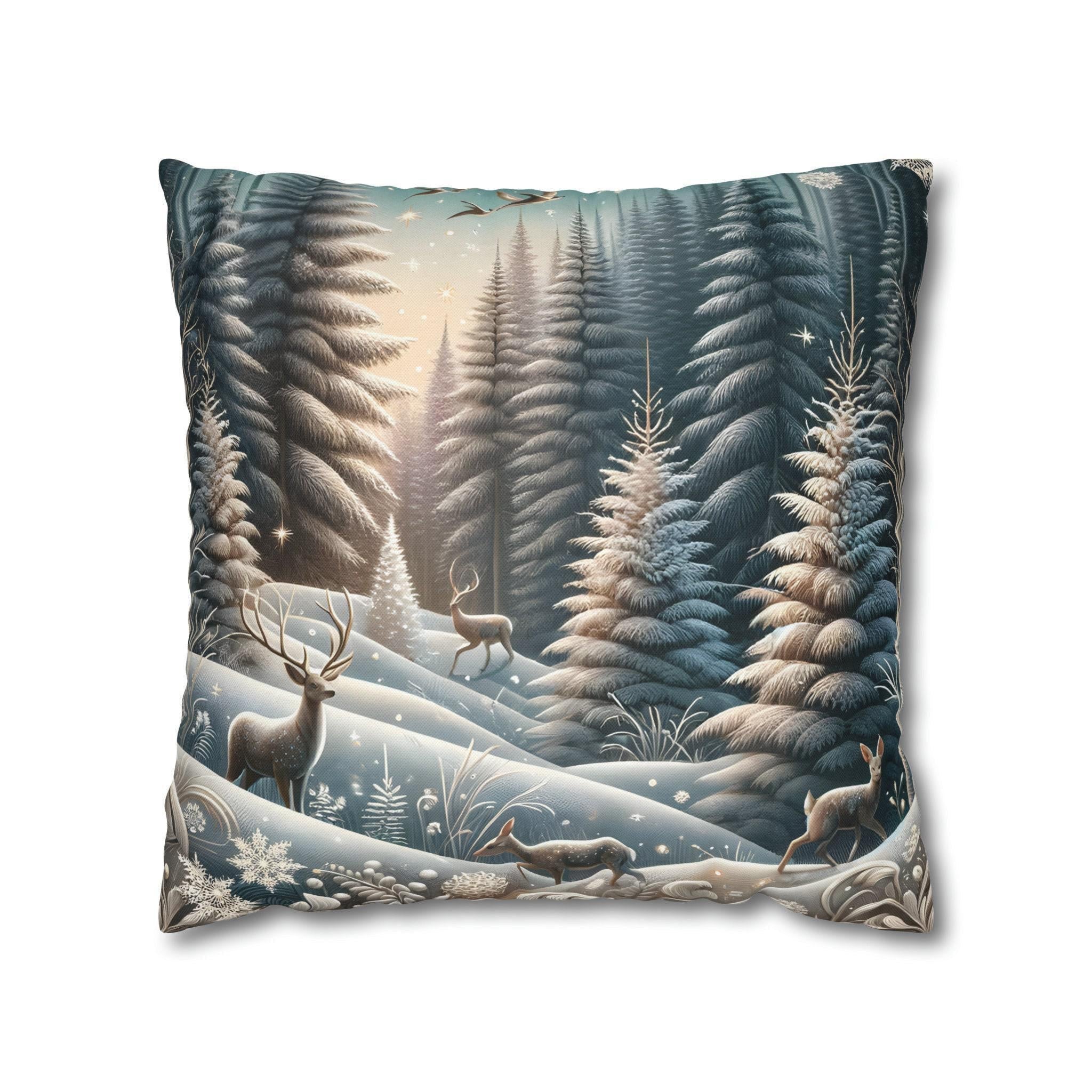 Elegant Winter Forest Pillow Cover: 3D-Rendered Snowy Scene with Wildlife for Festive Home Decor