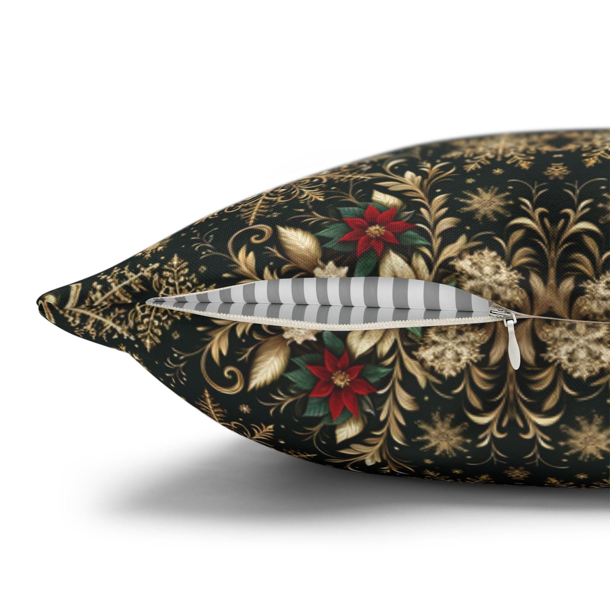 Elegant Gold Snowflake Poinsettia Square Pillow Cover: Holiday Tapestry Pattern for Christmas Home Decor