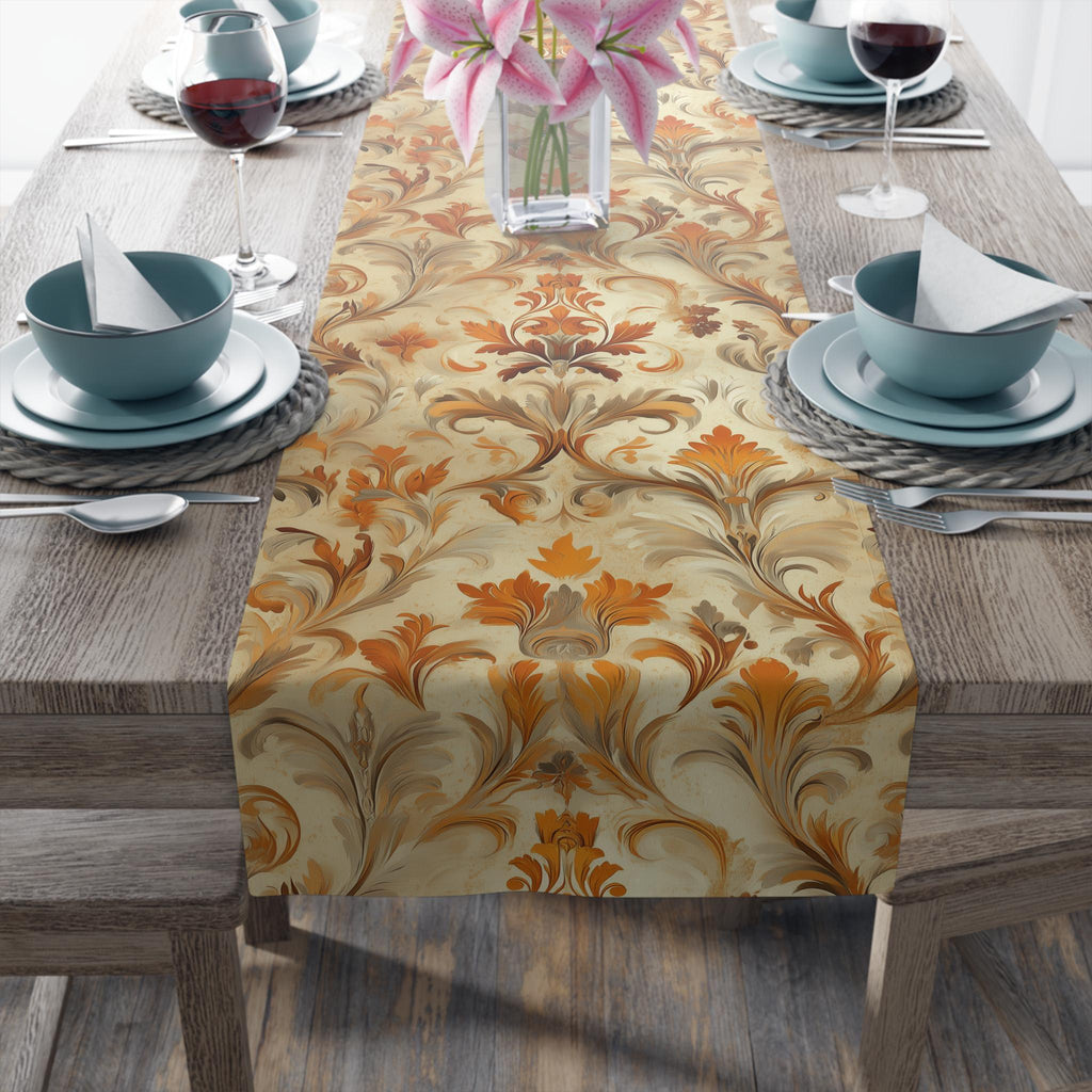 Autumn Damask Table Runner: Earthy Floral Fall Decor