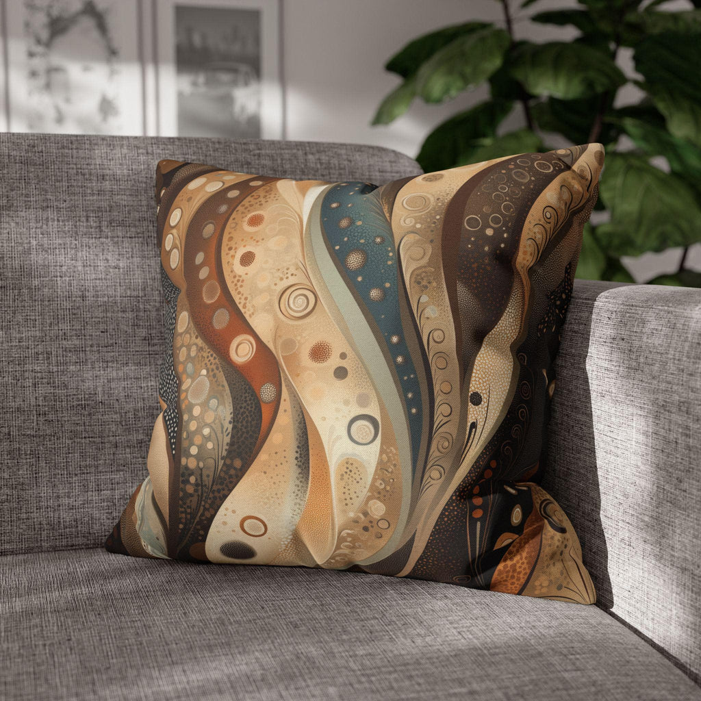 Abstract Wave Design Pillowcase, Brown Beige Cream Caramel Teal,  Home Decor Accent, Sofa Pillow