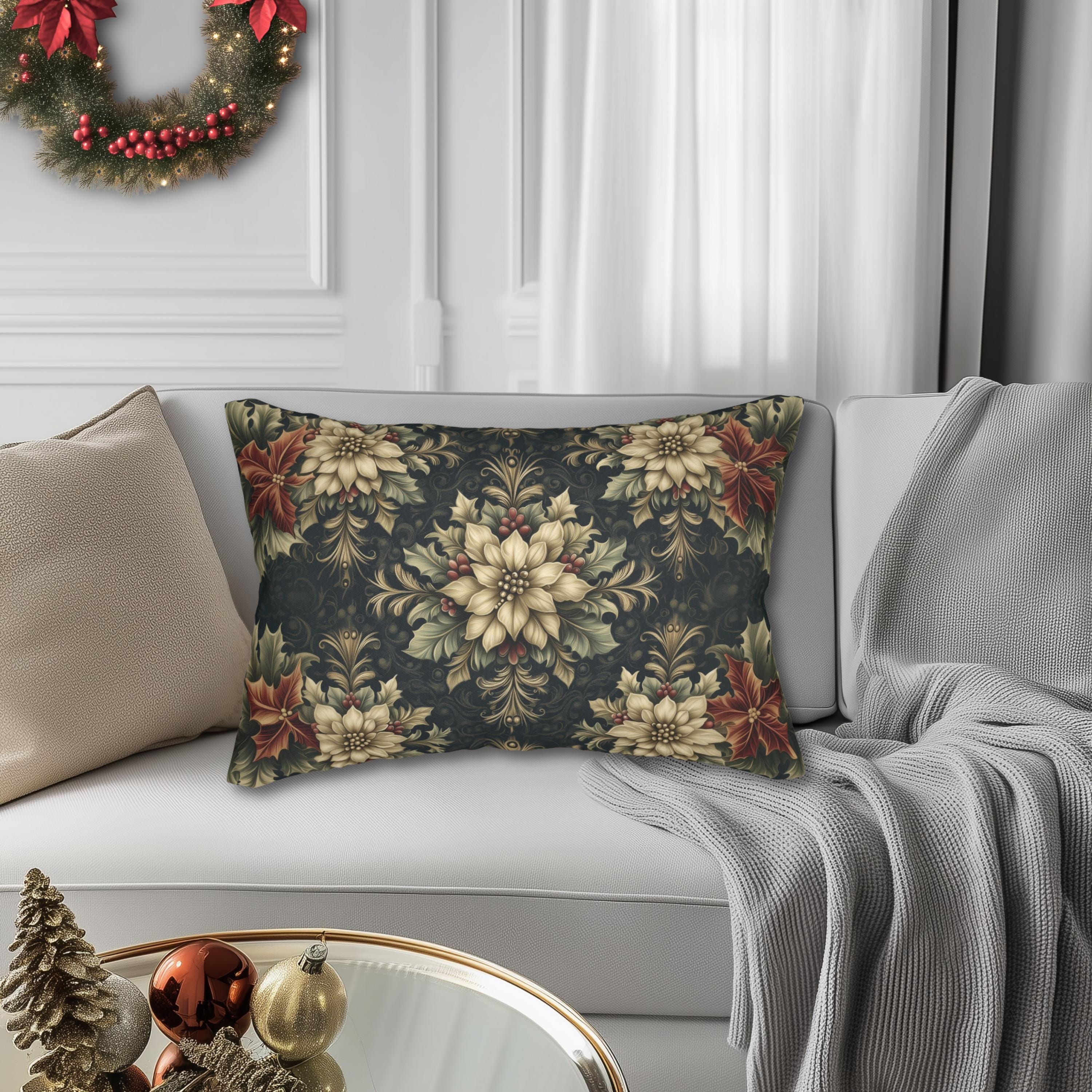William Morris Christmas Lumbar Pillow: Ivory Poinsettia & Holly on Midnight Green
