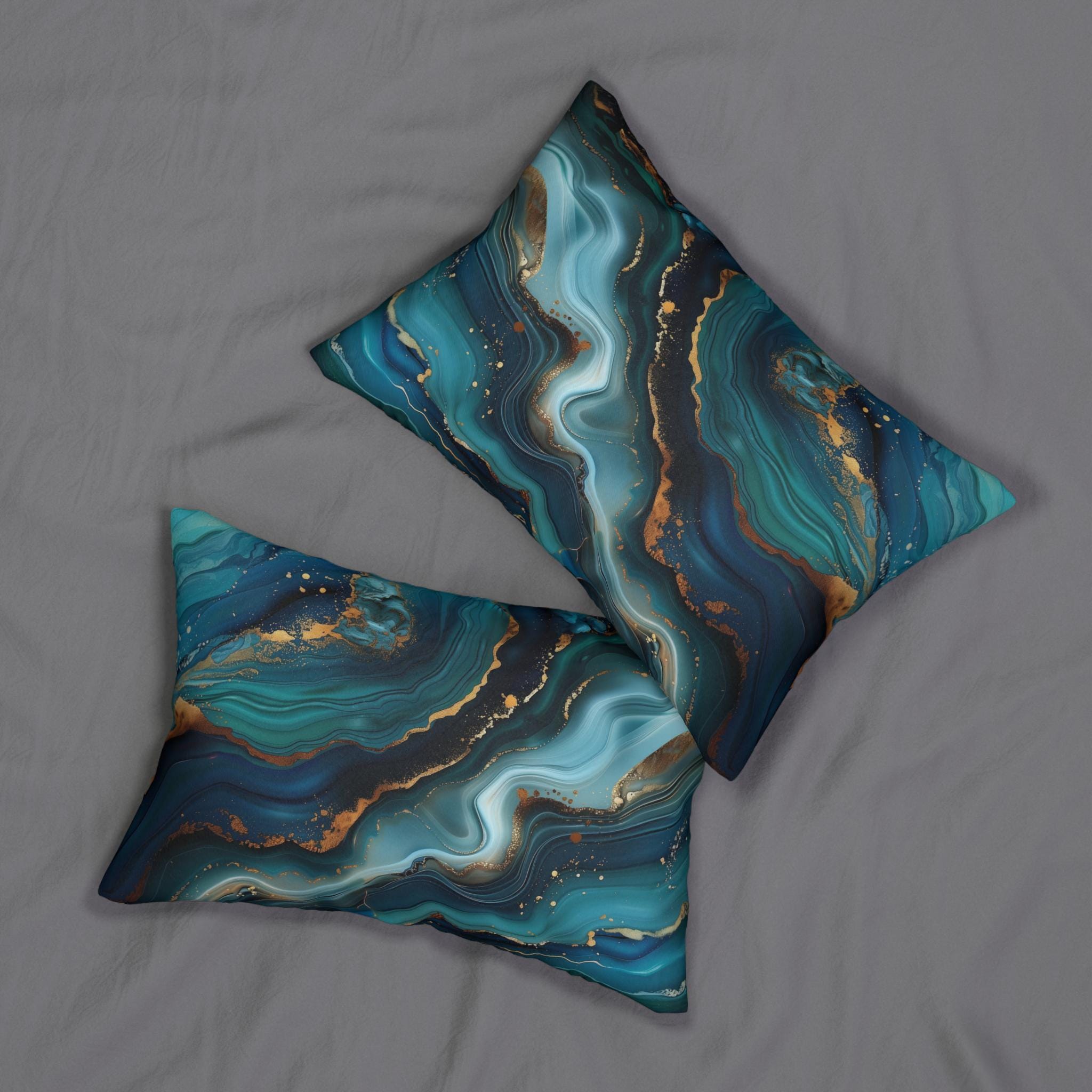 Sophisticated Ocean Waves Lumbar Pillow: Dark Blue & Teal with Gold Accents - Nautical Decor Gift