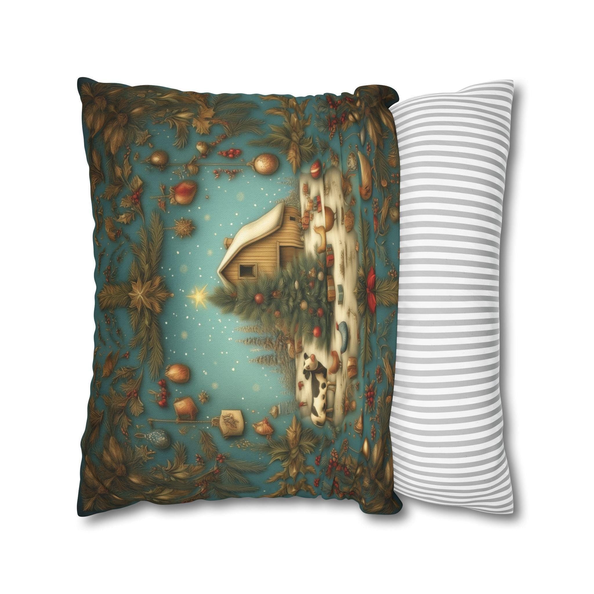 Country Christmas Farmhouse Pillow Cover: Barnyard Holiday Scene