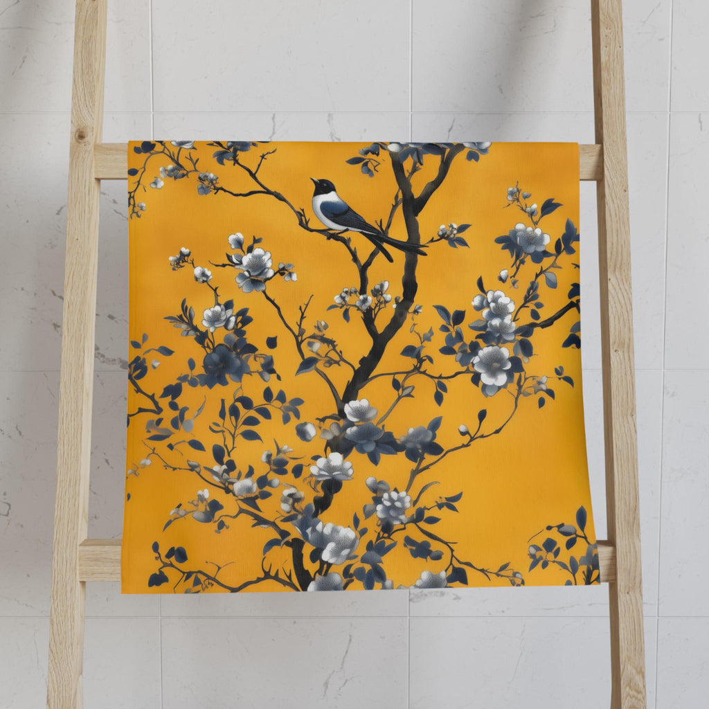 Chinoiserie Blue Birds Hand Towel: Golden Yellow Floral Botanical Bathroom Accent Asian Inspired