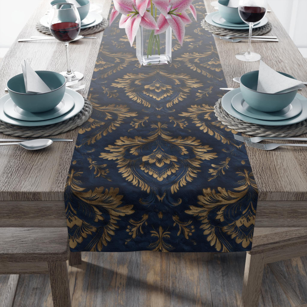Royal Blue & Gold Damask Table Runner: Faux Brocade Holiday Accent