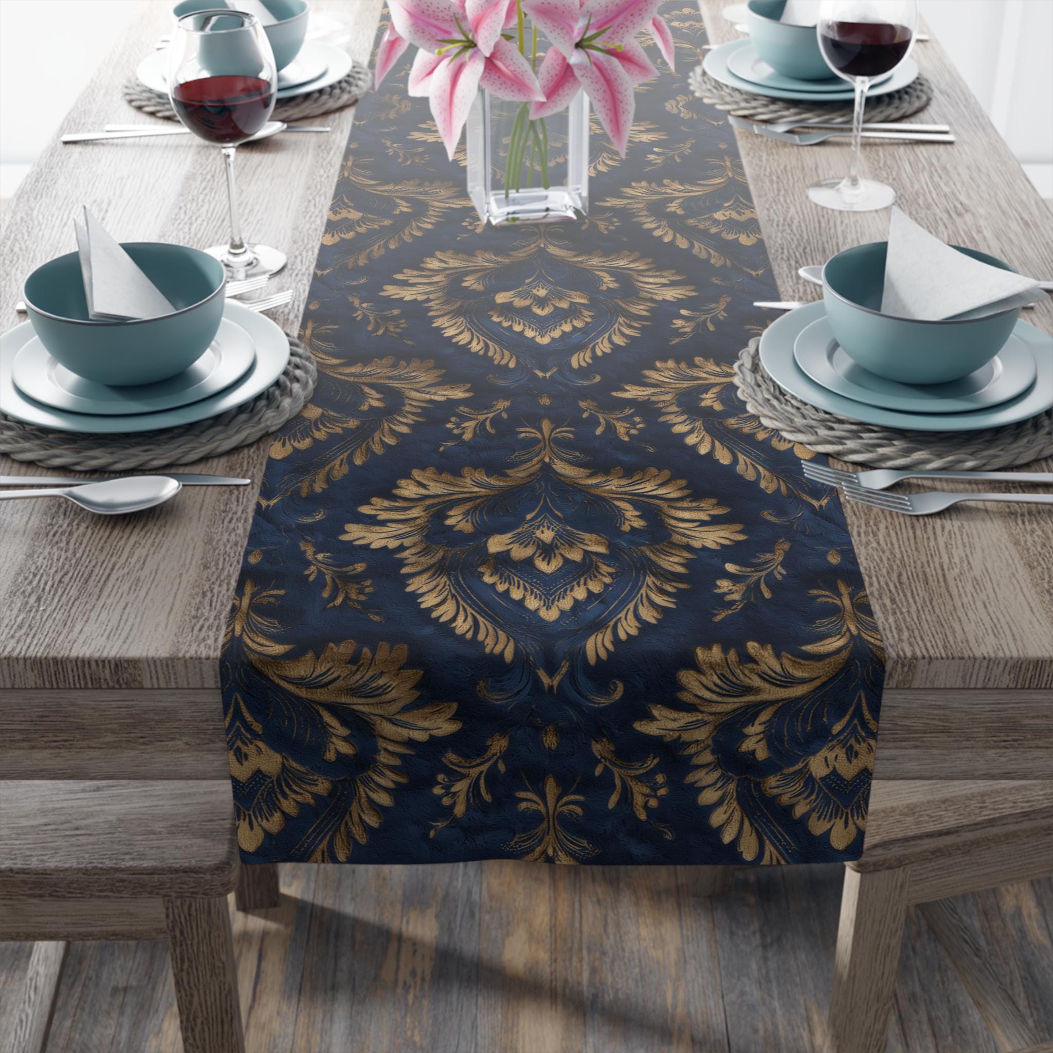 Royal Blue & Gold Damask Table Runner: Faux Brocade Holiday Accent