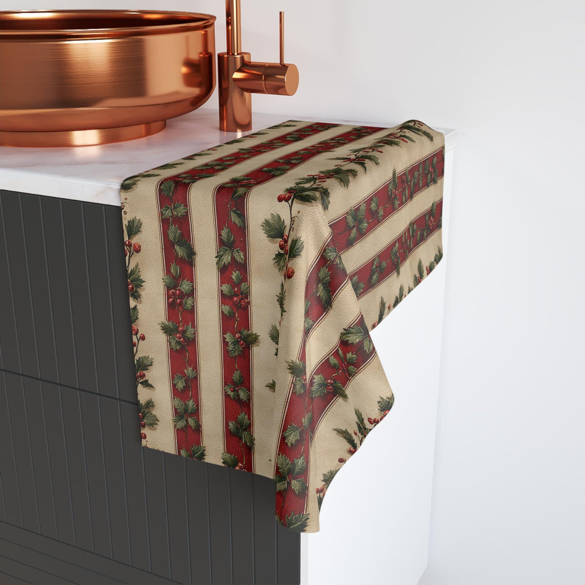 Striped Holly Christmas Hand Towel: Red Green Cream Holiday Botanical Winter Decor