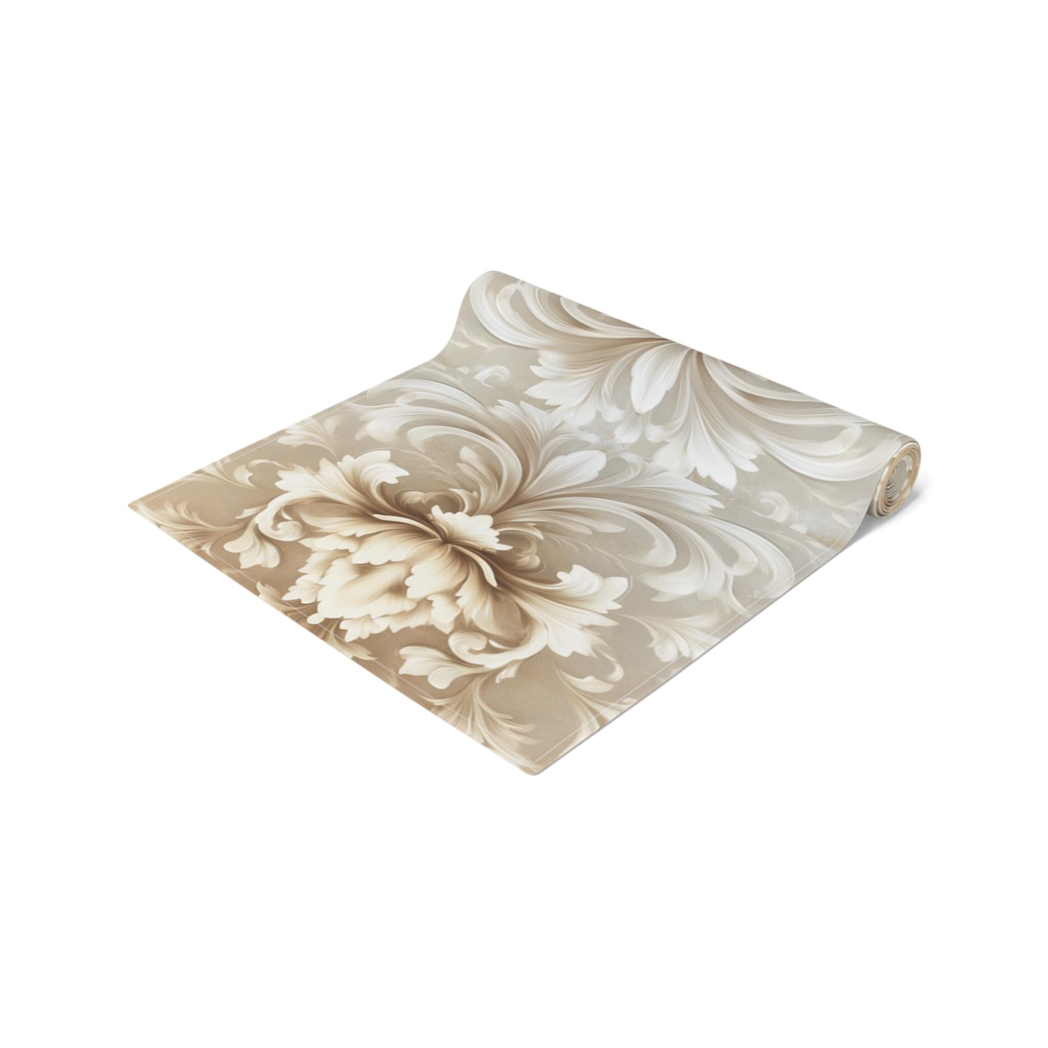 Elegant Damask Floral Table Runner: Ivory-Beige-Caramel Gradient, Luxury Home Decor Accent