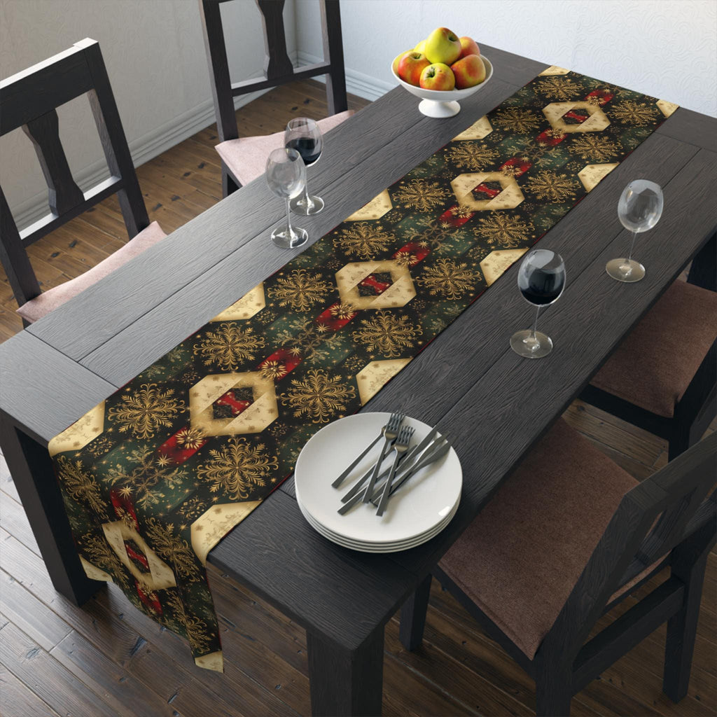 Festive Gold Snowflake Table Runner: Elegant Christmas Dining Decor in Green, Charcoal & Red