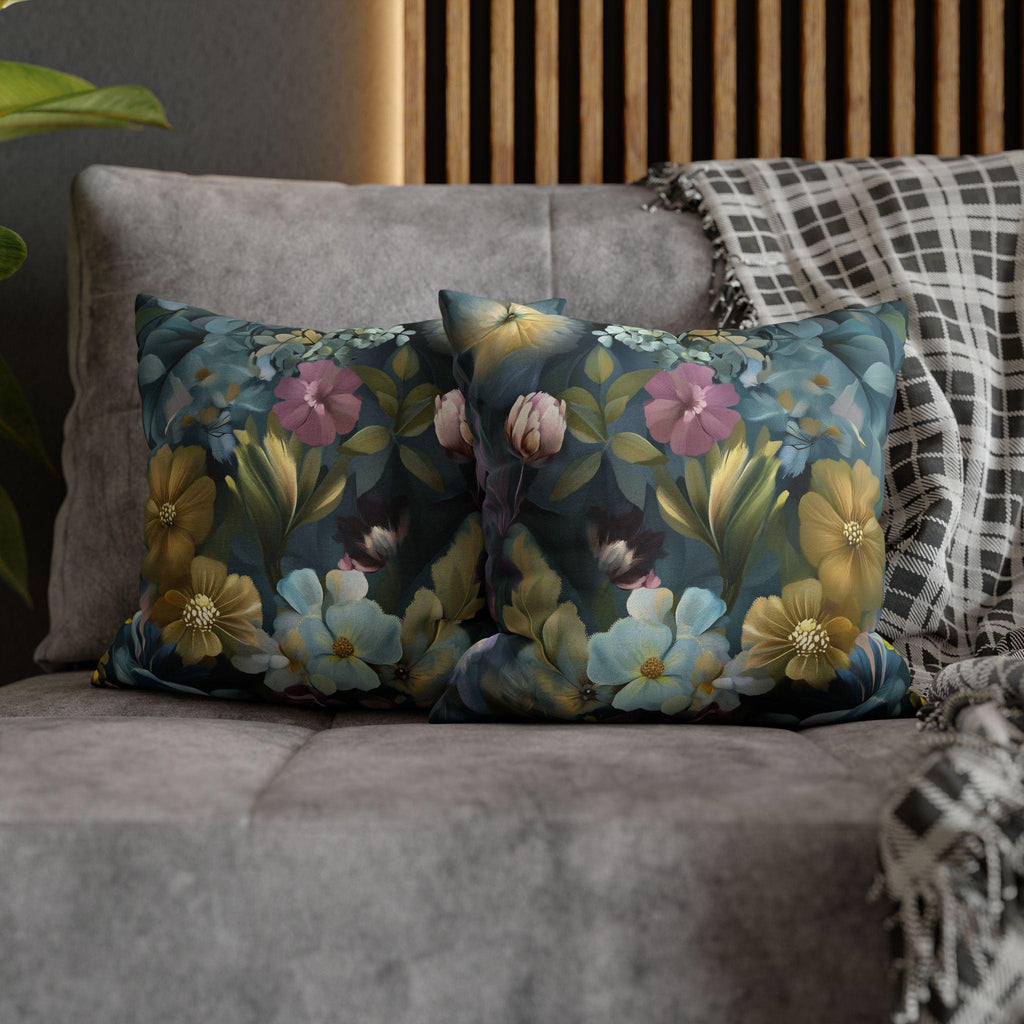 Twilight Garden Floral Pillow Cover: Painterly Moody Botanicals in Dusky Blue