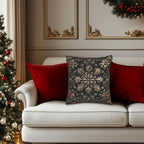 Christmas Woven Throw Pillow, Ivory Gold Snowflakes and Red Poinsettias on Deep Charcoal