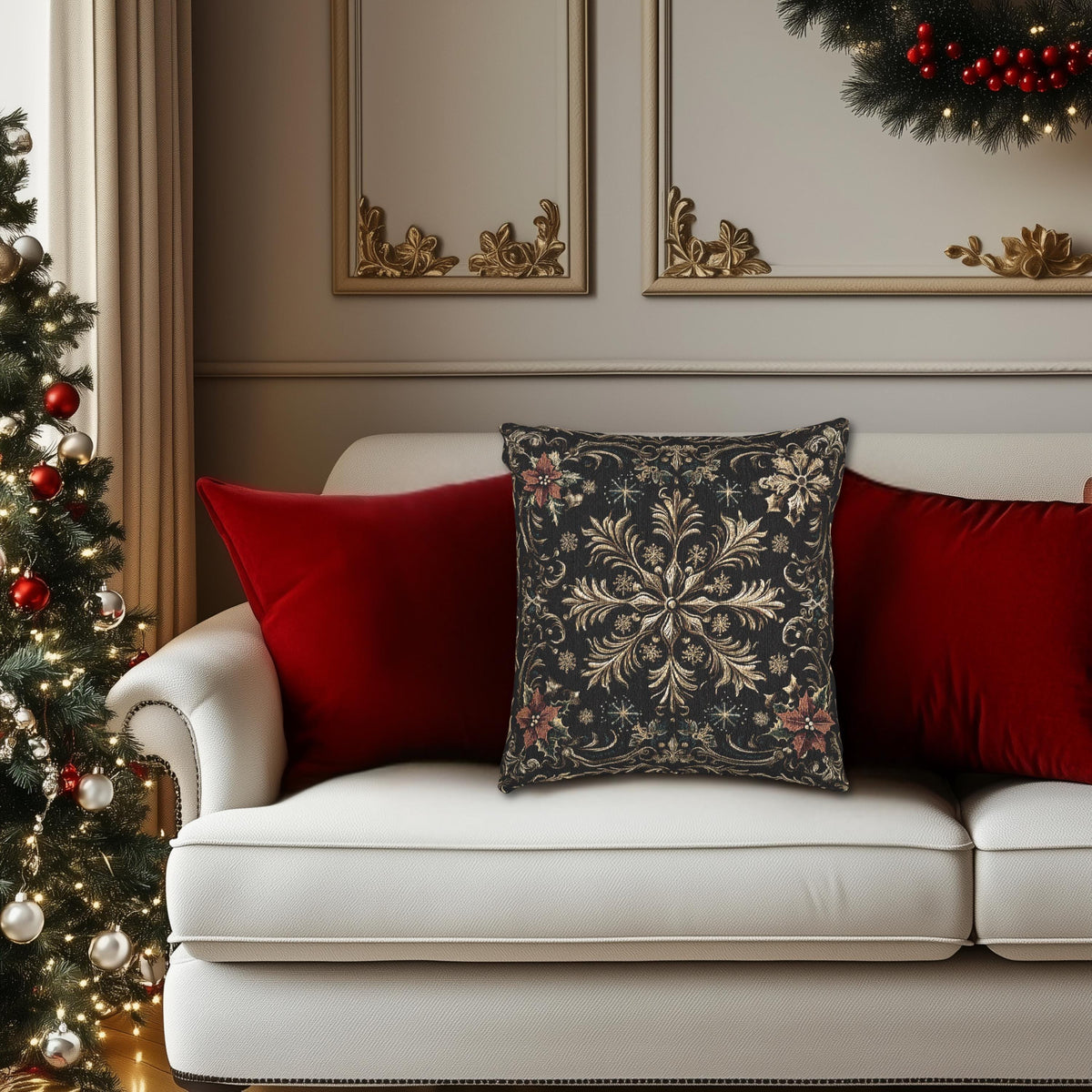 Christmas Woven Throw Pillow, Ivory Gold Snowflakes and Red Poinsettias on Deep Charcoal