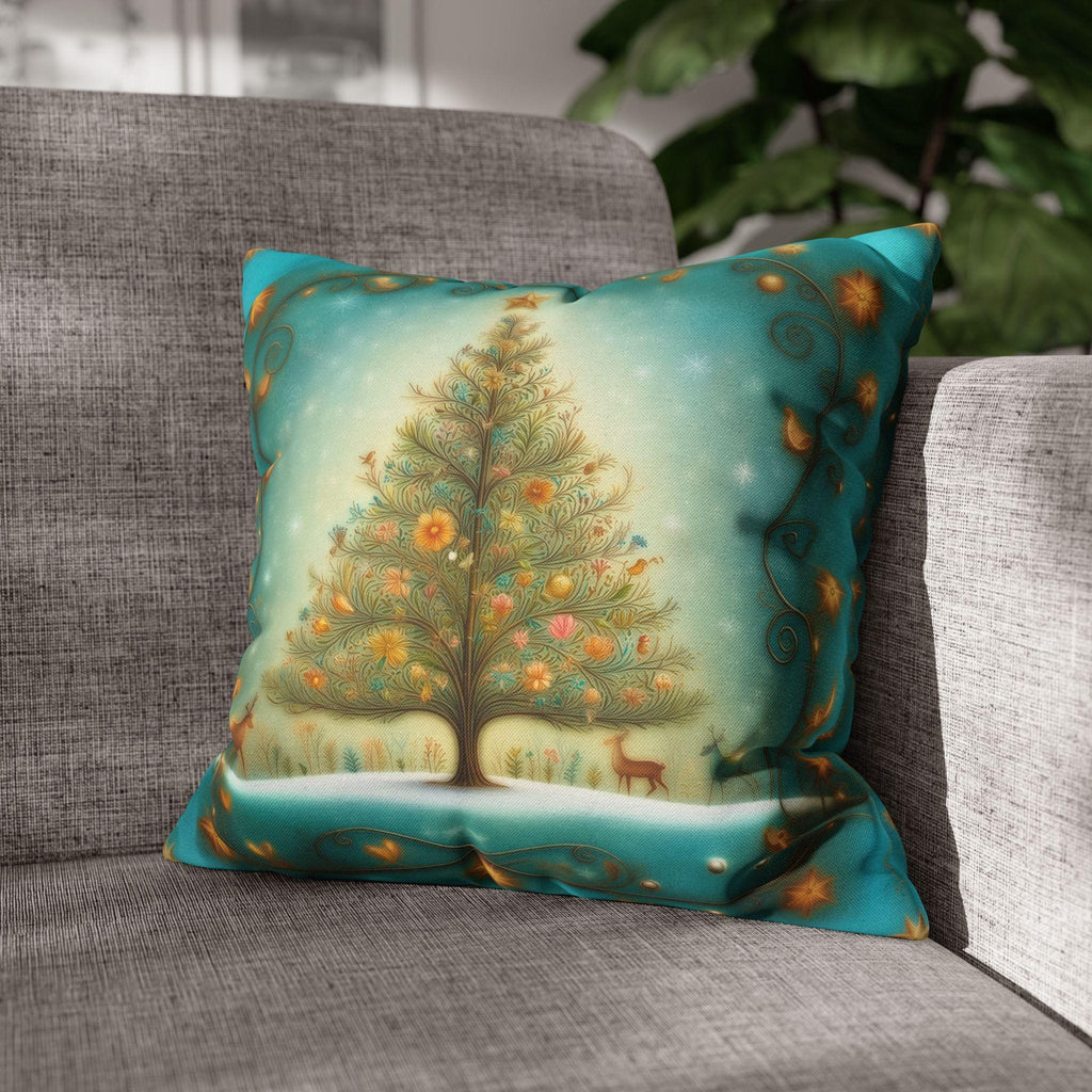 Vintage Style Teal Blue Christmas Tree Pillow Cover: Floral Winter Scene with Gold Accents