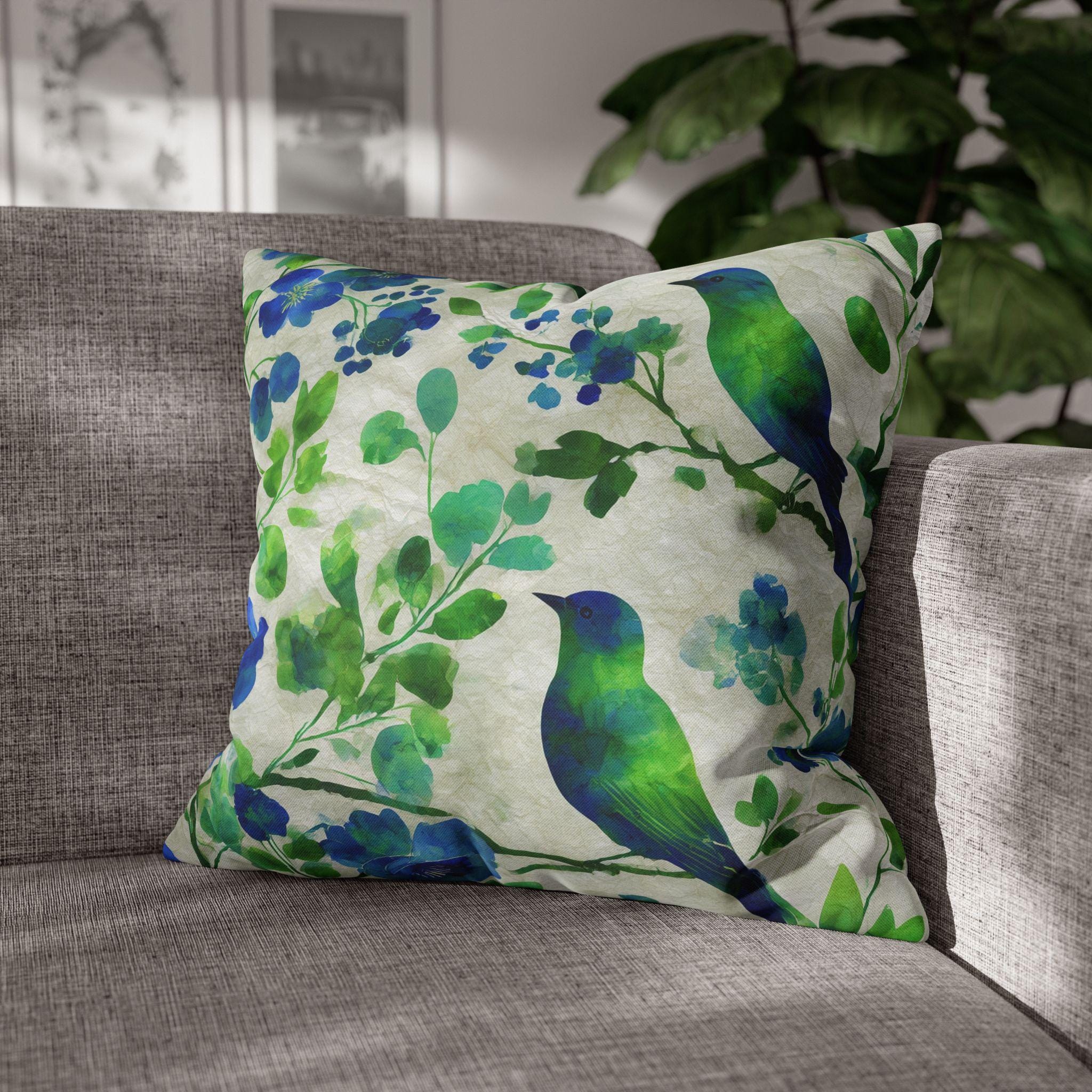 Chinoiserie Bird Pillow Cover: Blue-Green Watercolor Botanical Cushion for Elegant Cottagecore Decor