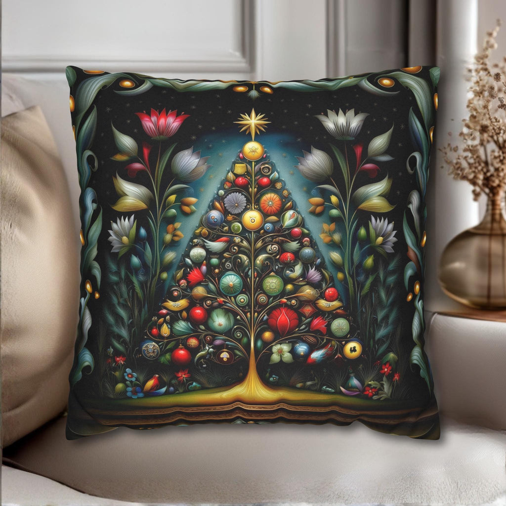 Jewel Tone Christmas Pillow Cover: Decorated Botanical Tree with Bright Ornaments and Florals
