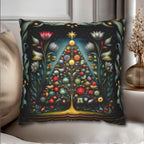 Jewel Tone Christmas Pillow Cover: Decorated Botanical Tree with Bright Ornaments and Florals