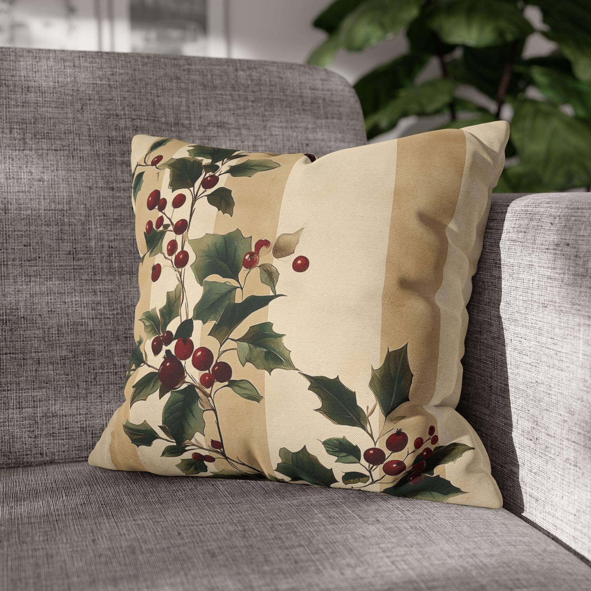 Vintage Style Holly & Stripes Pillow Cover: Classic Christmas Botanical Accent