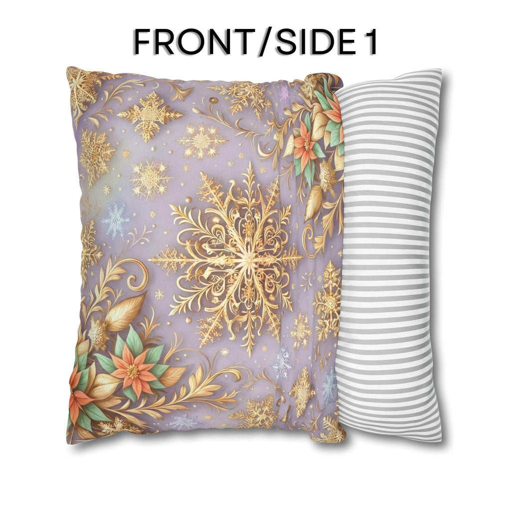Pastel Christmas Pillow Cover: Gold Snowflake, Lilac Winter Decor, Frosted Poinsettia, Shabby Chic