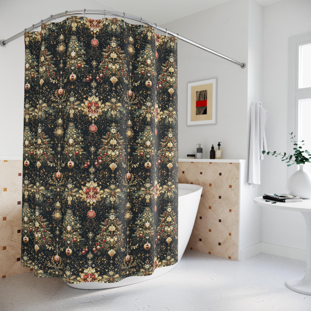 Luxe Christmas Tree Fabric Shower Curtain: Gold, Red & Green Holiday Decor