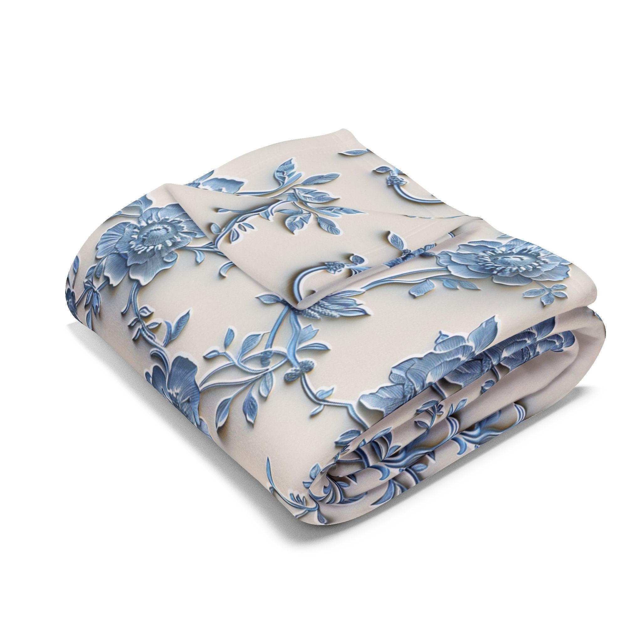 Blue Floral Chinoiserie Fleece Throw Blanket: Elegant Home Decor