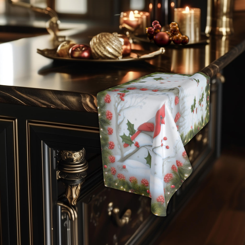 Red Cardinal Christmas Hand Towel: Winter Berry Tea Towel