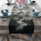 Halloween Toile Table Runner: Haunted House, Crows, and Black Cat in Monochrome