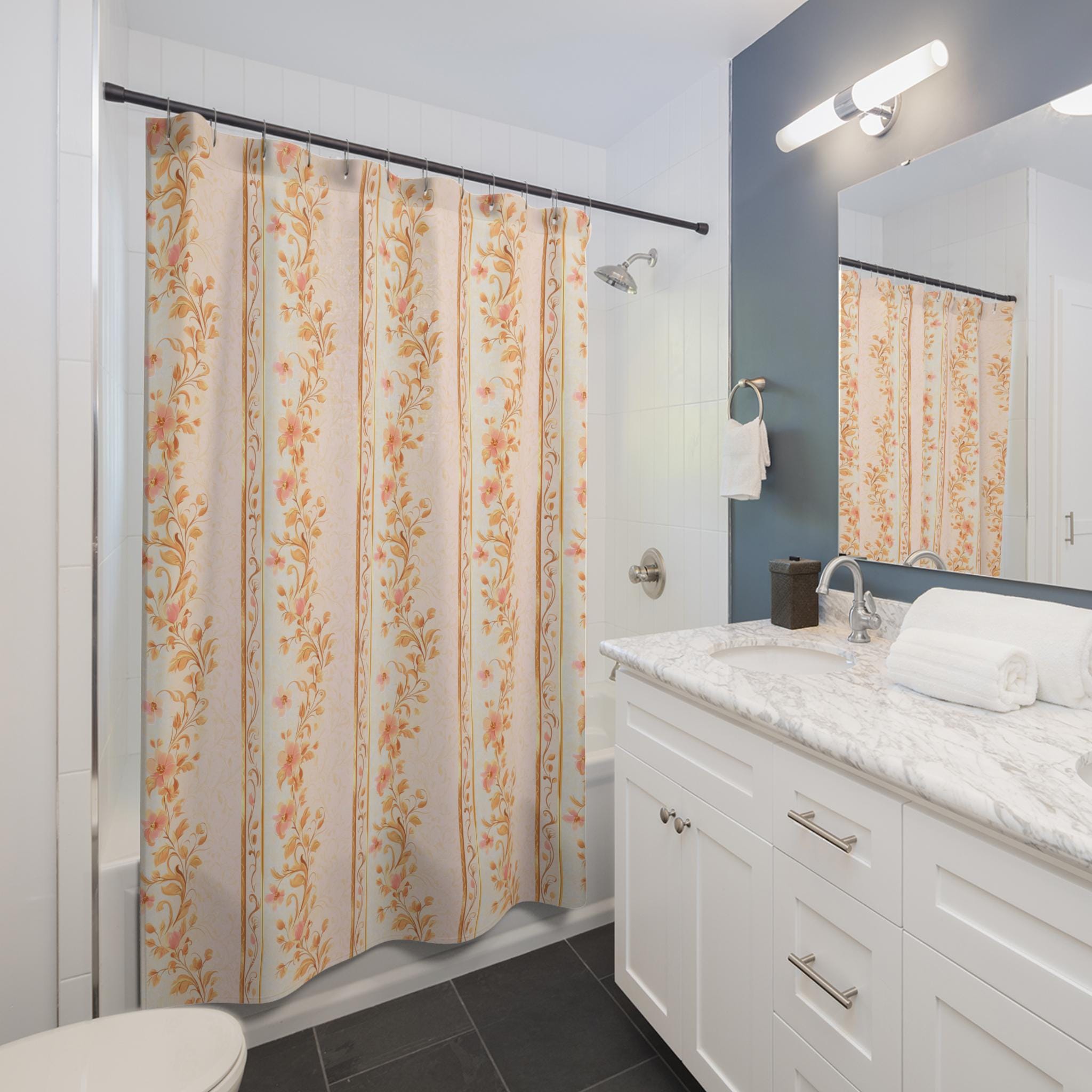 Vintage-Inspired Peach Floral Stripe Fabric Shower Curtain: Botanical Garden Charm for Bathroom Decor