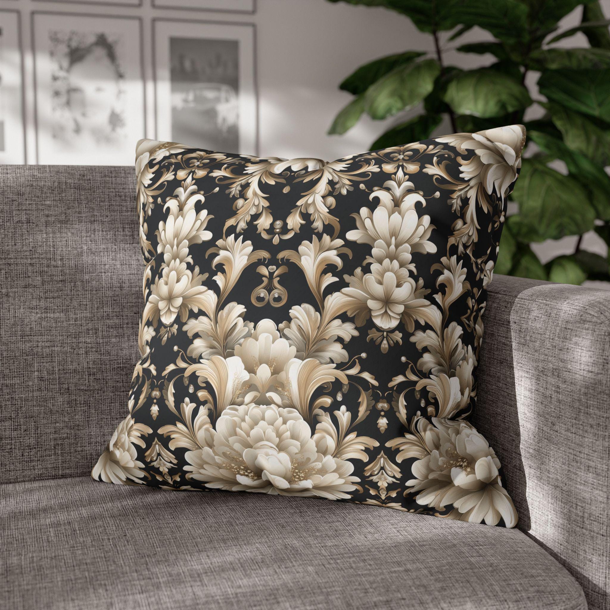 Floral Damask Pillow Cover, Ivory Champagne Gold on Black