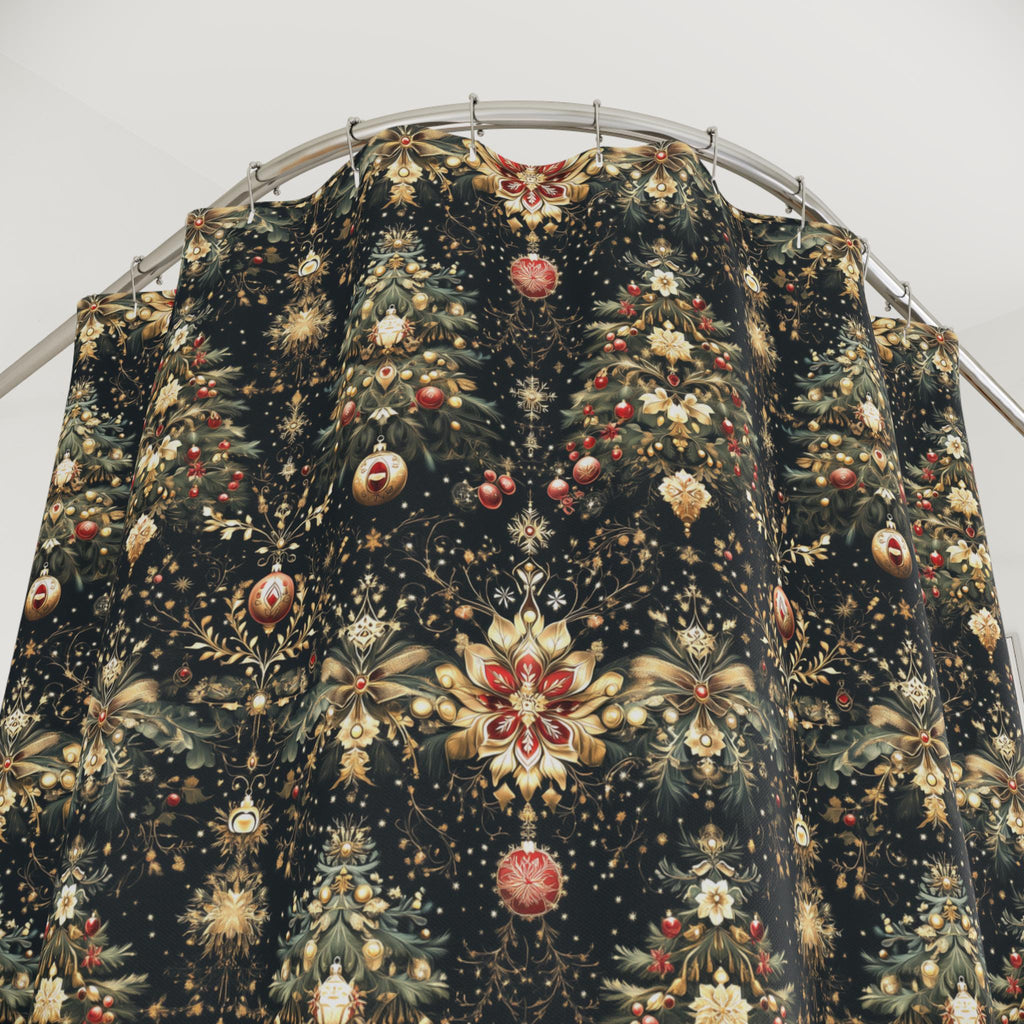 Luxe Christmas Tree Fabric Shower Curtain: Gold, Red & Green Holiday Decor